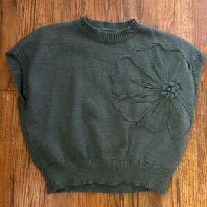 Dark Green Knit Sweater with Floral Design